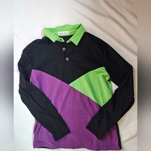 Long-Sleeve Colorblock Polo Shirt- Purple Green Black- Youth 11/12